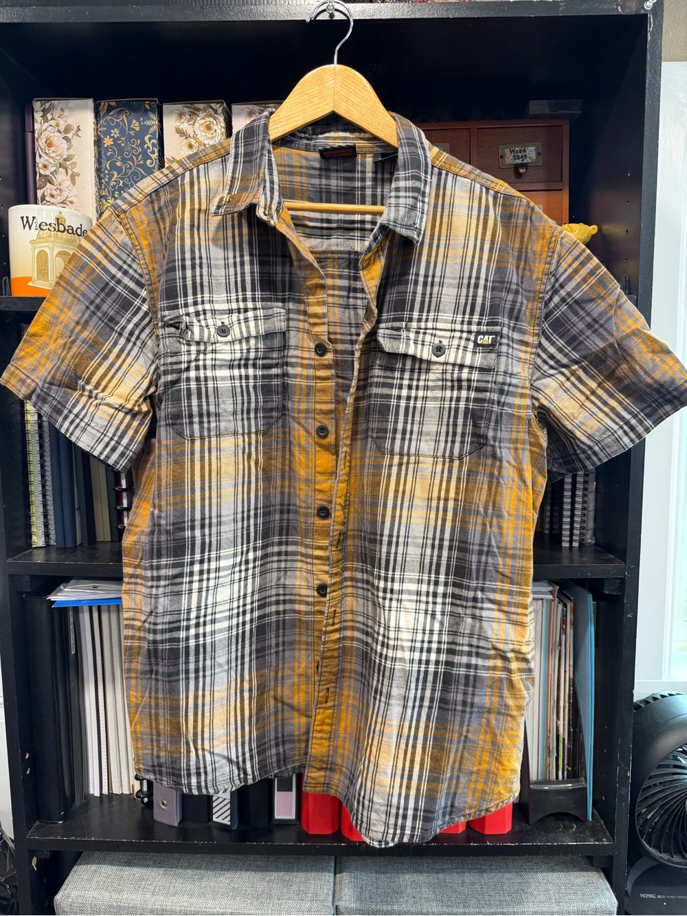 CAT® Men's Short-Sleeve Plaid Button-Down Shirt in Mustard and Gray